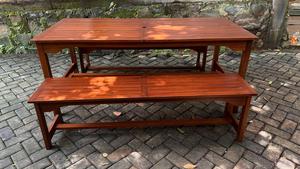 Garden <b>Set</b> 1 <b>Dining</b> Table & 2 <b>Bench</b> Solid Teak Wood Natural Finish for Outdoor Use Seating 4 - Product Image 2