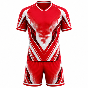 Conjunto de Camiseta y Pantalones Cortos de Fútbol Geométricos Rojos y Blancos para Hombre, Transpirables, Ajuste Atlético, para Todas las Temporadas, con Estampado Sublimado - Product Image 3