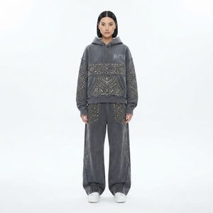 Conjunto Deportivo Personalizado para Mujer, Sudadera con Capucha Extra Grande, Color Gris Oscuro, Estilo Vintage, con Cierre y Bordado, Pantalones Deportivos Anchos de Felpa de Algodón, OEM - Product Image 1