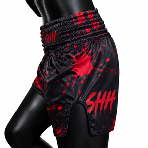 Shorts de combat athlétiques pour hommes en satin noir et rouge 2026, séchage rapide, 160g, pour Muay Thai, Kickboxing, MMA, Boxe, entraînement et sport de combat - Product Image 6