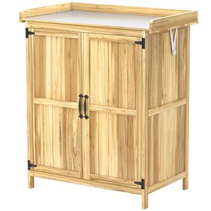 Armadio da Esterno in Legno Naturale per Attrezzi da Giardino con Ripiano in Metallo, Banco da Lavoro in Legno con 2 Ante - Product Image 1