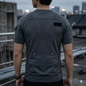 เสื้อยืดเทคแวร์ทรงโอเวอร์ไซส์สำหรับผู้ชาย แบบขายส่ง รับผลิตตามสั่ง (OEM) ผ้าฝ้ายฟลีซ 100% ซับเหงื่อ สีเทาเข้ม มีหลายกระเป๋า - Product Image 6