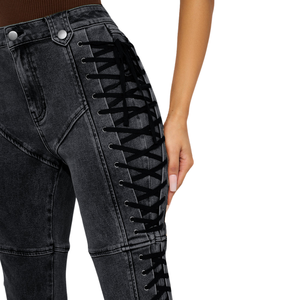 Jeans de Mezclilla Negros de Cintura Alta para Mujer, con Detalle de Encaje Lateral, Corte Ajustado, Pierna Recta, Pantalones Casuales de Moda, Largos, Estilo Urbano, Talla XS - Product Image 3