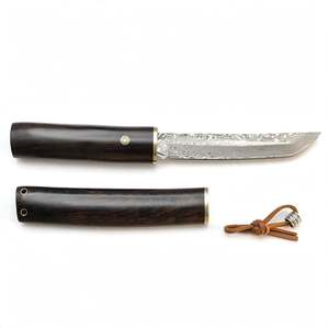 Cuchillo utilitario de precisión hecho a mano con hoja de acero Damasco Raindrop, mango de madera de ébano oscuro, collarín de latón y funda de madera. - Product Image 1