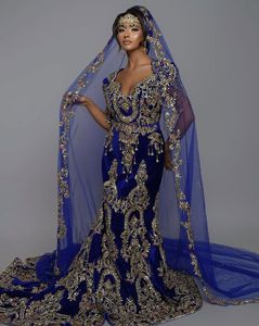 Superbe Robe de Mariée Traditionnelle Fergani Bleue Brodée Or avec Voile pour Femme, Longueur Ras du Sol, Coupe Droite, en Crêpe Banane, Anti-humidité et Anti-UV - Product Image 1