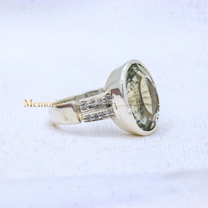 Wholesale 925 Solid <b>Sterling</b> <b>Silver</b> Natural Oval Green Amethyst Faceted Bezel <b>Set</b> Side Stone Cocktail <b>Ring</b> Fine Jewelry - Product Image 2