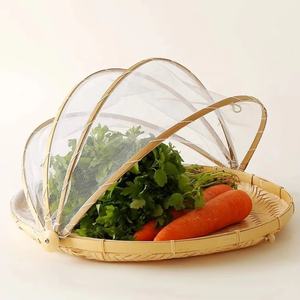 Anti-insect Dustproof Basket <b>Fruit</b> Vegetable Tray Mesh Drying Dustpan Handmade Bamboo Food Storage With <b>Net</b> Cover - Product Image 1