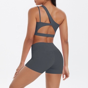 Asymmetric One-Shoulder <b>Crop</b> <b>Top</b> High Waist Shorts 2 Piece Yoga Set Seamless Solid Color Activewear - Product Image 2
