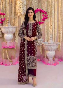 Women's Faux Georgette Embroidered Full Sleeve Straight <b>Kurti</b> with Pant & Dupatta Set - Product Image 5
