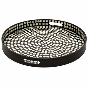 Luxury Mother of Pearl Tray Handcrafted Round <b>Black</b> Mosaic Serving <b>Plate</b> MOP Shell Inlay Tray Geometric Sunburst Coffee Table - Product Image 3