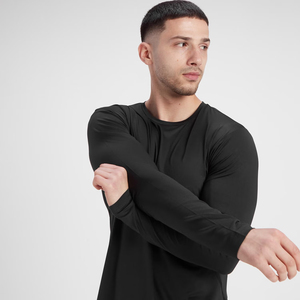 T-shirt de sport noir à manches longues pour homme, décontracté, séchage rapide, respirant, avec logo personnalisé, pour la course, le fitness et l'entraînement - Product Image 4