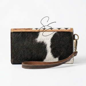 Portefeuille-pochette longue pour femme en cuir à poils, fait main, style western, motif à carreaux, avec dragonne et pierre turquoise - Product Image 5