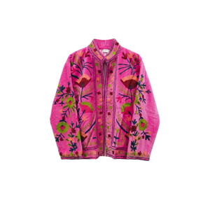 Blouson bomber en velours rose brodé |   Vêtement décontracté pour femme à col montant, motif floral brodé, chef-d'œuvre artisanal, doublure en coton - Product Image 1