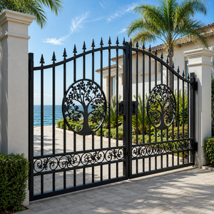 Portail double battant en fer forgé noir avec motif arbre pour entrée de villa, jardin, sécurité, portail métallique - Product Image 3