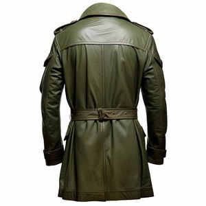 เสื้อโค้ทหนังแท้สำหรับผู้ชาย แบบยาว ปกบาก พร้อมเข็มขัดและกระเป๋า - Product Image 2
