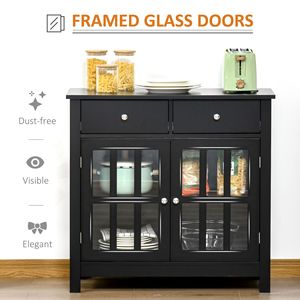 Farmhouse and Dining <b>Sideboard</b> Buffet Cabinet with Glass Doors 2 Drawers and Adjustable Shelf Black <b>Kitchen</b> Storage Cupboard - Product Image 5
