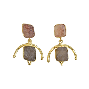 Boucles d'oreilles pendantes en pierre naturelle, base en laiton plaqué or 18 carats, forme de lune, design classique, bijoux de fiançailles pour femmes, faits à la main, légers - Product Image 1