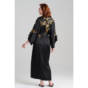 เสื้อคลุมกิโมโนผ้าซาตินสีดำสุดหรูสำหรับผู้หญิง พร้อมลายพิมพ์ดอกไม้สีทอง แขนยาว มีเข็มขัด ชุดนอน ชุดลำลอง - Product Image 3