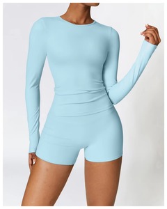 <b>Light</b> <b>Blue</b> <b>Long</b> <b>Sleeve</b> Ruched High Waist Seamless Yoga Shorts Set Crew Neck Full Length Solid Color 2 piece active wear - Product Image 1