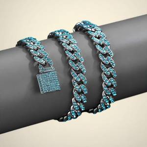 <b>Blue</b> Iced Out Cuban Link Chain <b>Necklace</b> 925 Silver Jewelry for Men and Women Party Wear - Product Image 3