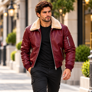 Men's Luxury Leather Bomber Jacket with <b>Stand</b> Collar Silk Lining <b>Vintage</b> Winter Biker <b>Coat</b> Wholesale Supplier - Product Image 3