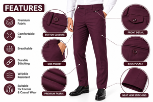 Pantalon de Costume Homme Coupe Droite Bordeaux avec Braguette Boutonnée Anti-Plis en Tissu Léger Coton - Product Image 5
