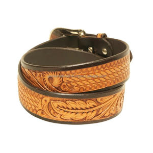 Custom Made Hand Carved Leaf Engraved <b>Tan</b> Full Grain <b>Men's</b> Fashion Western Leather Tooling <b>Belt</b> with Designer Metal Buckle Set - Product Image 3