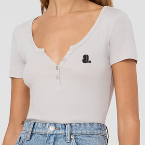 Women's <b>White</b> <b>V</b>-<b>Neck</b> Short Sleeve Crop Top Button Front Logo Minimalist Design Slim Fit Knitted Cotton Spring Summer Wear - Product Image 6