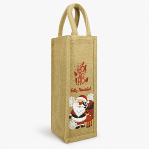 Sac cadeau en jute naturel PP avec lurex doré pour bouteille de vin, 12x33x12 cm, multicolore, impression Feliz Navidad, logo personnalisé, vente en gros pour usage commercial - Product Image 3