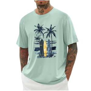 T-shirt blanc à col rond et manches courtes pour homme, imprimé palmiers et planches de surf, coupe classique, style décontracté, tissu jersey de coton respirant 300g - Product Image 4