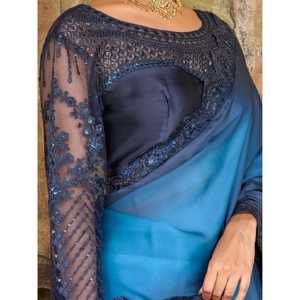 Sari de fiesta de satén bordado azul atractivo con blusa - Product Image 3