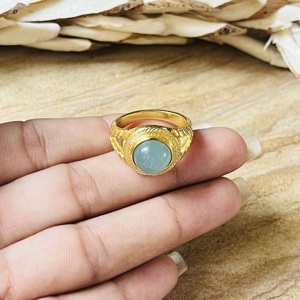 Trendy Blue Chalcedony <b>Ring</b> Boho Geometric <b>Rings</b> Textured Brass Jewelry For Women <b>Gold</b> Plated Statement Jade <b>Cocktail</b> Wholesale - Product Image 3