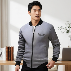 Men's Gray <b>Jacket</b> <b>With</b> Black Trim Embroidered Wings Logo Zipper Front Casual Fleece Outerwear Autumn Wear - Product Image 5