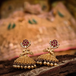 Emerald Cut Peacock Jhumka Earrings Gold Plated Pearl Ruby for Wedding Party - Product Image 3
