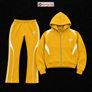 Gold Tracksuit Men <b>Full</b> <b>Zip</b> <b>Hoodie</b> White Contrast Panels Flared Pants Two Piece Sportswear Set Wholesale Streetwear Casual Outfi - Product Image 5