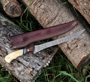 Hand-Forged Damascus Steel Hunting <b>Knife</b> with Wood <b>Handle</b> and <b>Bone</b> Inlay 12 Inches Drop Point Blade Custom Made for Outdoor Use - Product Image 1