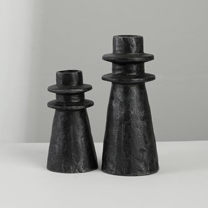 Modern Matte <b>Black</b> Cast Iron <b>Candlestick</b> <b>Holder</b> Set Featuring Distinctive Stacked Tiered Collars For Chic Industrial Decoration - Product Image 1