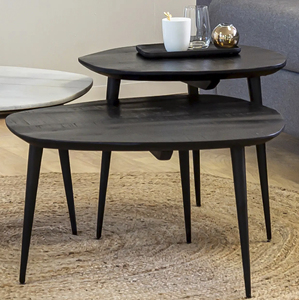 Ensemble de deux tables basses style industriel en métal et bois avec plateau en bois de manguier noir et base pliante en fer pour salon - Product Image 5