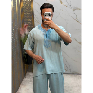 Lightweight Moroccan <b>Mens</b> Short Sleeve Jabador Traditional <b>Thobe</b> Islamic Casual Summer Lounge Attire - Product Image 2