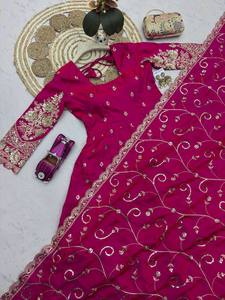 Anarkali Modest Wedding Dress with Embroidery and Sequence Work Includes Gown <b>Pant</b> Dupatta - Product Image 2