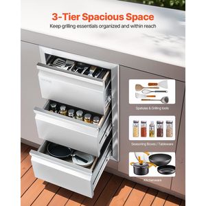 Îlots de cuisine extérieurs sur roulettes en acier inoxydable avec tiroirs BBQ encastrés 15 po L x 25,4 po H x 19 po P, îlot de rangement 19 po L x 19 po P - Product Image 2