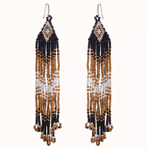 Pendientes de aro dorados con flecos de cuentas y cuentas azules, blancas y azul marino para mujer, joyería - Product Image 3