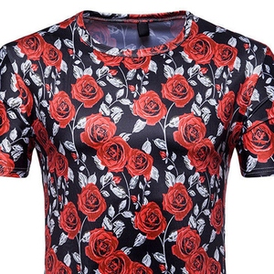 T-shirt à manches courtes pour homme, coupe ajustée, imprimé floral avec motif de roses rouges, 100% coton jersey élasthanne, col rond, vêtement décontracté - Product Image 4