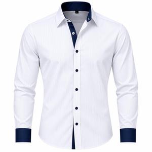 Camisa de Vestir a Rayas para Hombre, Manga Larga, Cuello Clásico, Puños en Contraste Azul Marino, Antiarrugas, Ropa Formal de Primavera, Ropa Formal para Hombre - Product Image 1