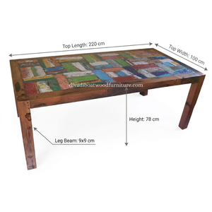 Table à manger DIVADI, modèle carré à pieds fixes, patchwork, bois de bateau recyclé, design durable, écologique, pour intérieur et extérieur - Product Image 2