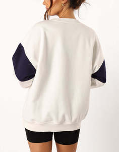 OEM Custom <b>Womens</b> Oversized Color Block Sweatshirt Cream <b>Navy</b> Heavyweight <b>Fleece</b> Crewneck Pullover - Product Image 2