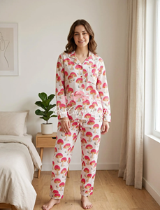 Handmade Summer Mushroom Print Cotton Pajama Set for Women Breathable Quick-Dry Luxury Block Printed Long Sleeve Button-<b>Down</b> - Product Image 5