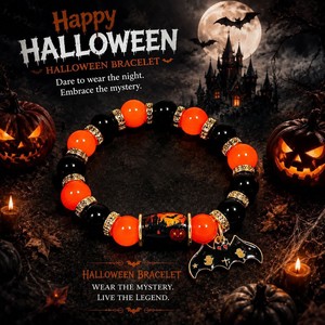 Bracelet porte-bonheur d'Halloween en perles de verre cristal, bijou de fête pour femme avec motifs sorcière, citrouille, chauve-souris, fantôme - Product Image 3
