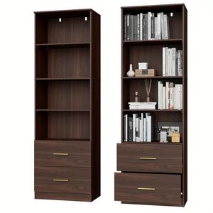 Librero Vertical Moderno de Madera de Teca con Dos Cajones - Product Image 1