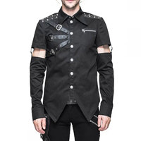 Chemise noire gothique punk pour homme avec manches amovibles, boucles cloutées et sangles en similicuir, haut streetwear